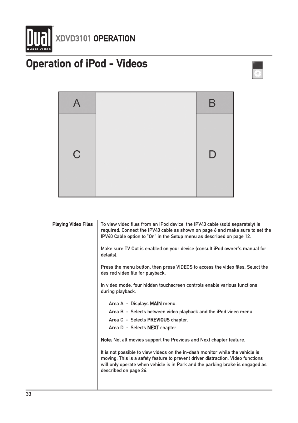 Operation of ipod - videos, Xdvd3101 operation | Dual Electronics XDVD3101 User Manual | Page 34 / 40