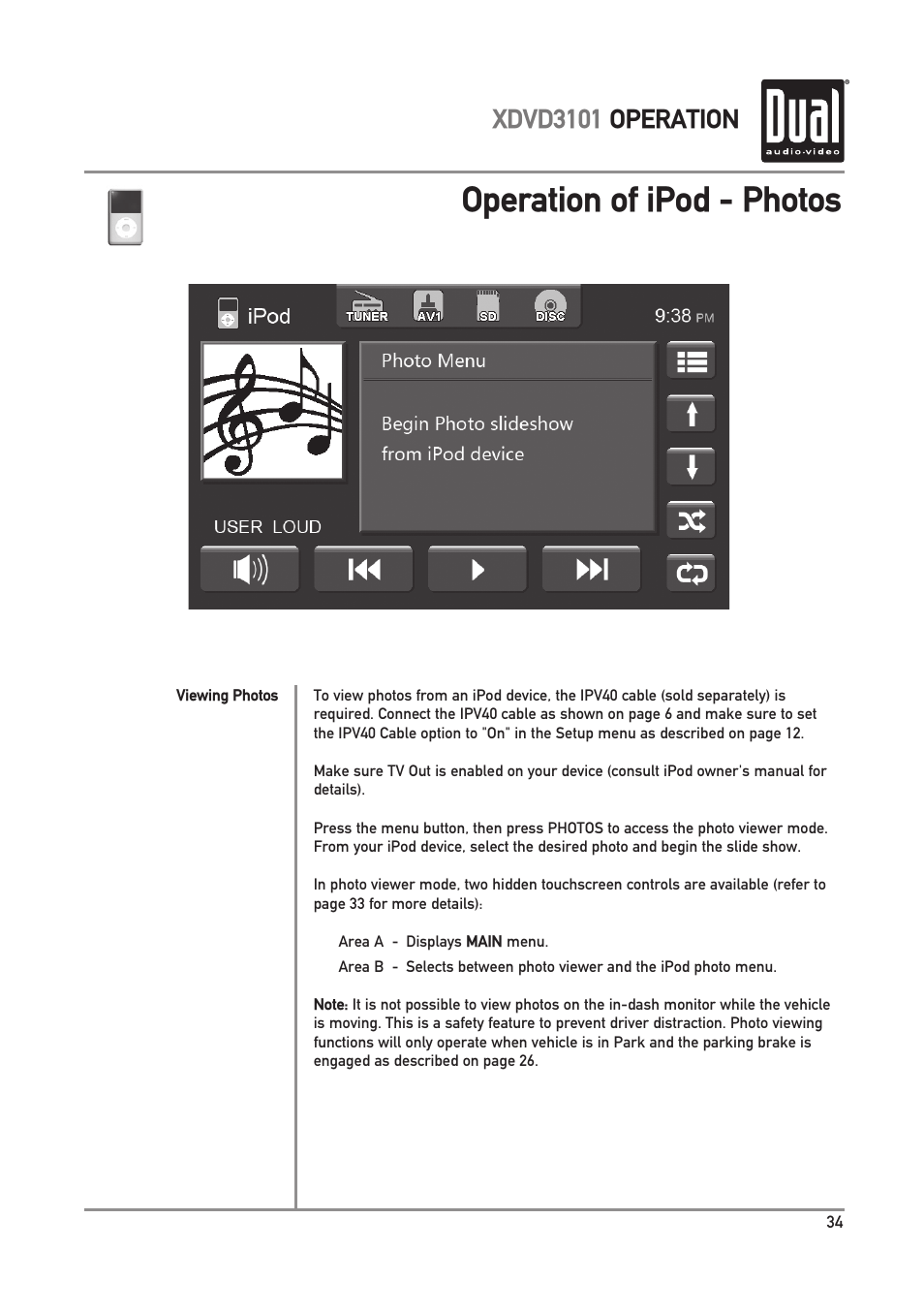 Operation of ipod - photos, Xdvd3101 operation | Dual Electronics XDVD3101 User Manual | Page 35 / 40