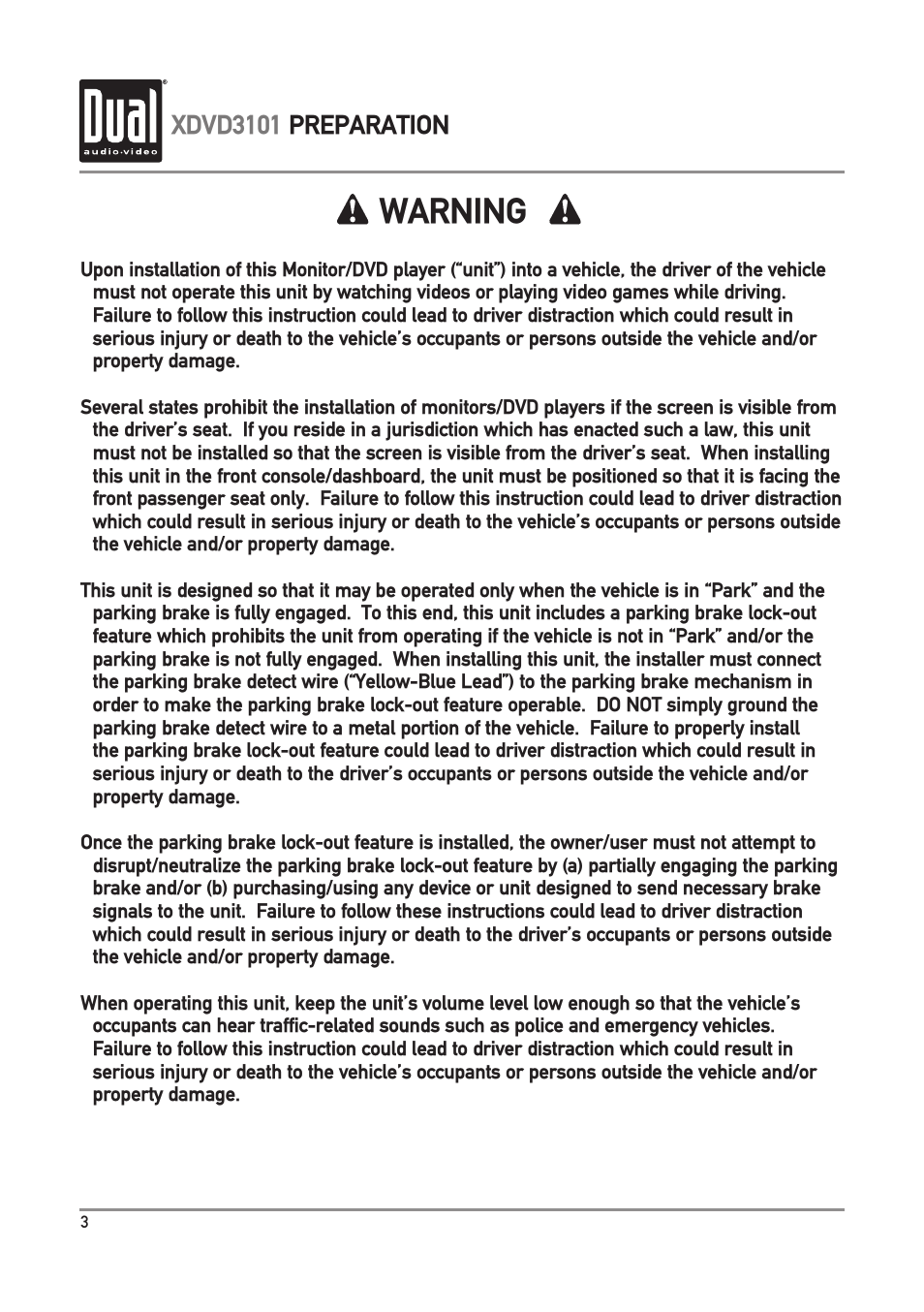 Warning, Xdvd3101 preparation | Dual Electronics XDVD3101 User Manual | Page 4 / 40