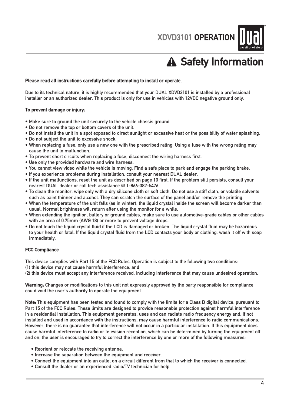 Safety information, Xdvd3101 operation | Dual Electronics XDVD3101 User Manual | Page 5 / 40
