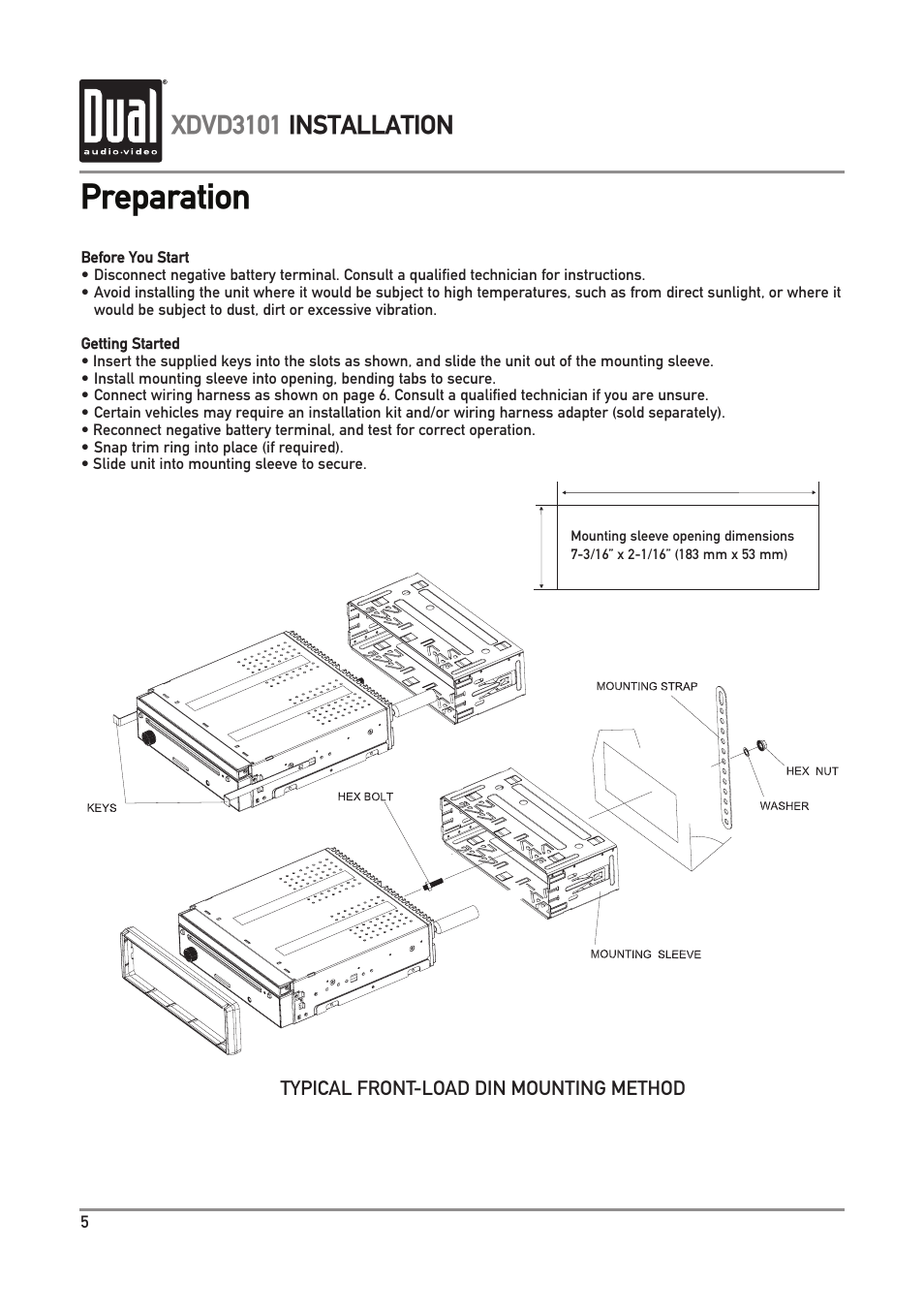 Preparation, Xdvd3101 installation | Dual Electronics XDVD3101 User Manual | Page 6 / 40
