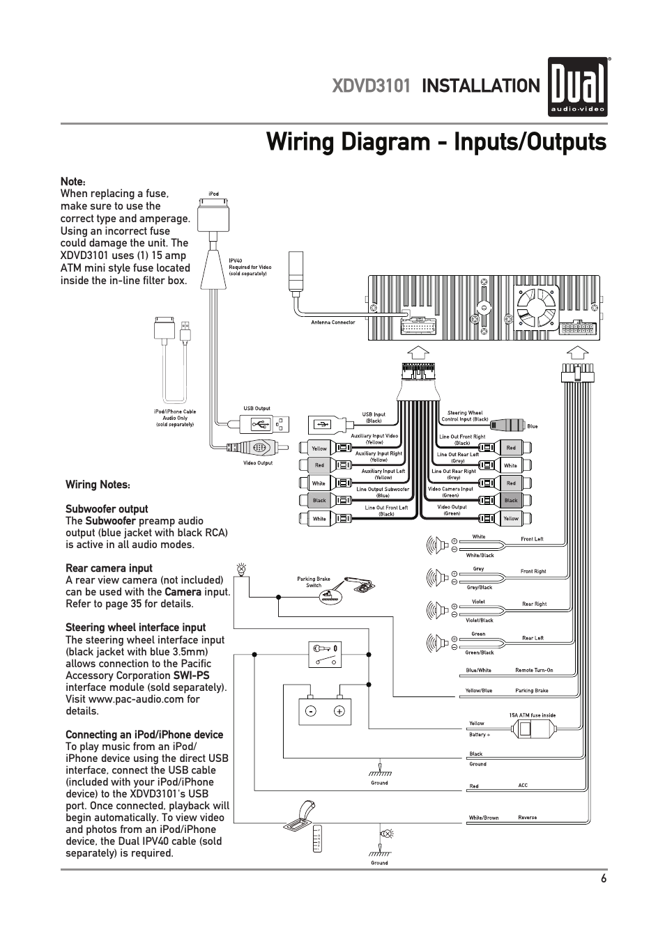 Wiring diagram - inputs/outputs, Xdvd3101 installation | Dual Electronics XDVD3101 User Manual | Page 7 / 40