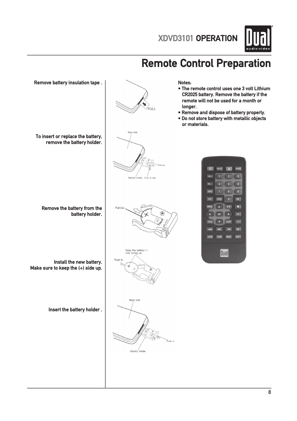 Remote control preparation, Xdvd3101 operation | Dual Electronics XDVD3101 User Manual | Page 9 / 40