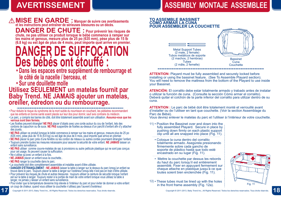 Danger de suffocation des bébés ont étouffé, Avertissement, Assembly montaje assemblee | Mise en garde, Danger de chute | BabyTrend PY81608 - NURSERY CENTER - ATHENA User Manual | Page 10 / 16
