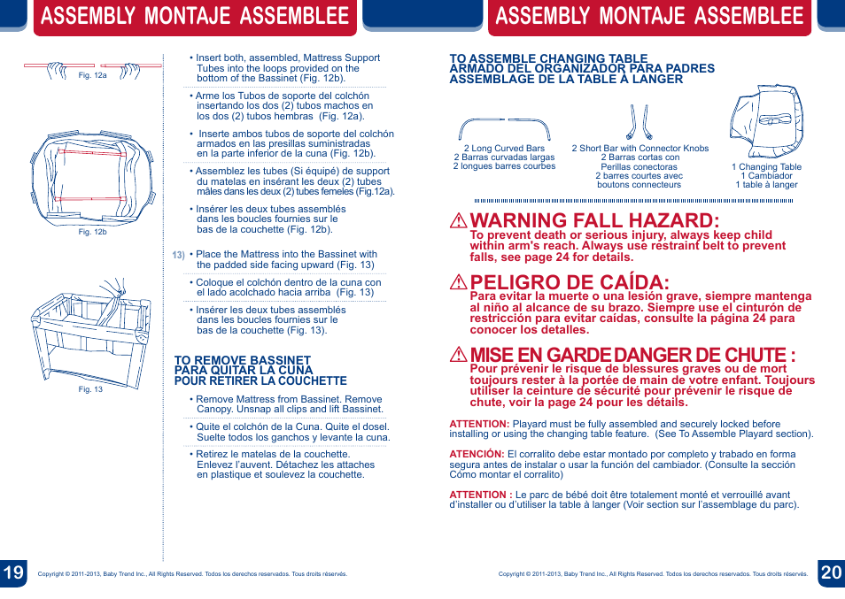 Assembly montaje assemblee, Warning fall hazard, Peligro de caída | Mise en garde, Danger de chute | BabyTrend PY81608 - NURSERY CENTER - ATHENA User Manual | Page 11 / 16