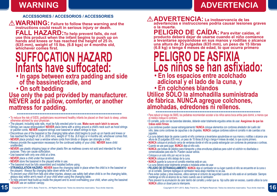 Peligro de asfixia los niños se han asfixiado, Suffocation hazard infants have suffocated, Warning advertencia | Advertencia, Peligro de caída, Warning, Fall hazard | BabyTrend PY81608 - NURSERY CENTER - ATHENA User Manual | Page 9 / 16