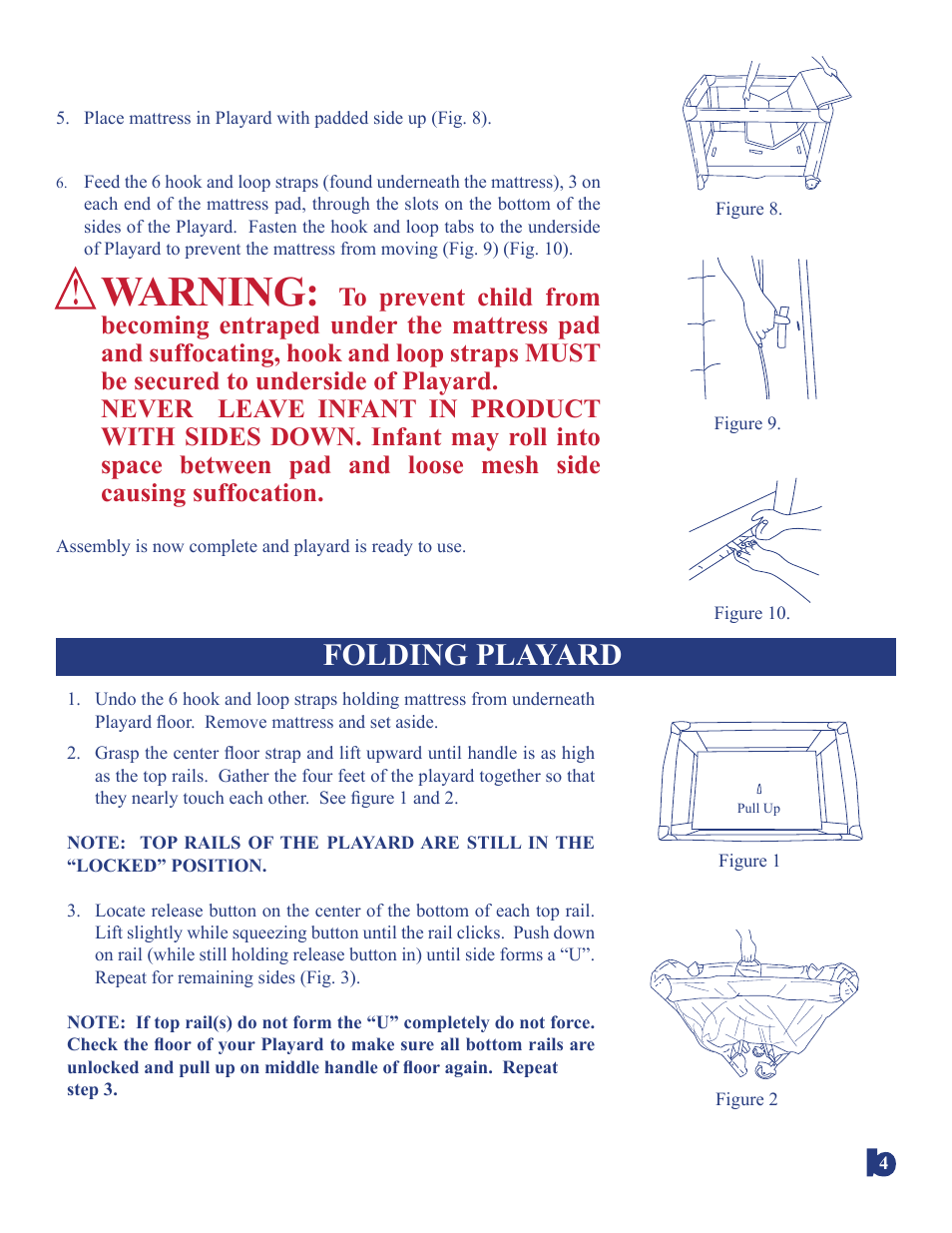 Warning, Folding playard | BabyTrend 8025 - LAUREL OAK PLAY YARD User Manual | Page 4 / 5