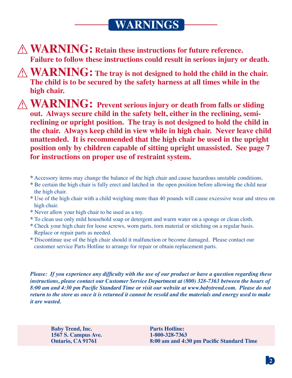 Warning, Warnings | BabyTrend 8625 - LAUREL OAK HIGH CHAIR User Manual | Page 2 / 8