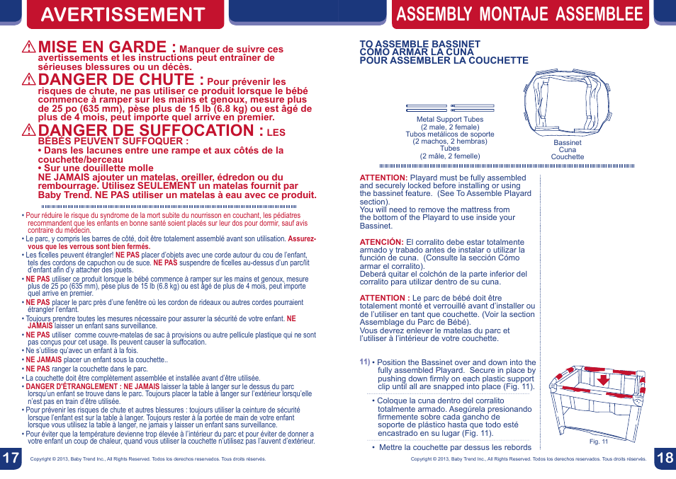Avertissement assembly montaje assemblee, Mise en garde, Danger de chute | Danger de suffocation | BabyTrend PY85749 - SERENE NURSERY CENTER - PAPER ZOO User Manual | Page 10 / 18