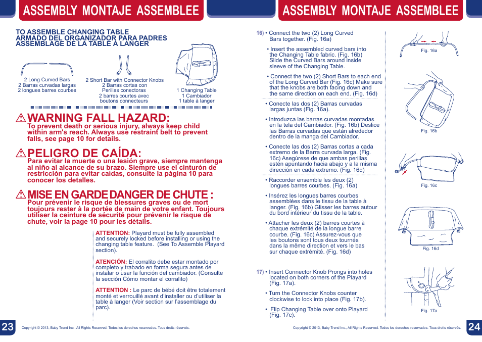 Assembly montaje assemblee, Warning fall hazard, Peligro de caída | Mise en garde, Danger de chute | BabyTrend PY85749 - SERENE NURSERY CENTER - PAPER ZOO User Manual | Page 13 / 18