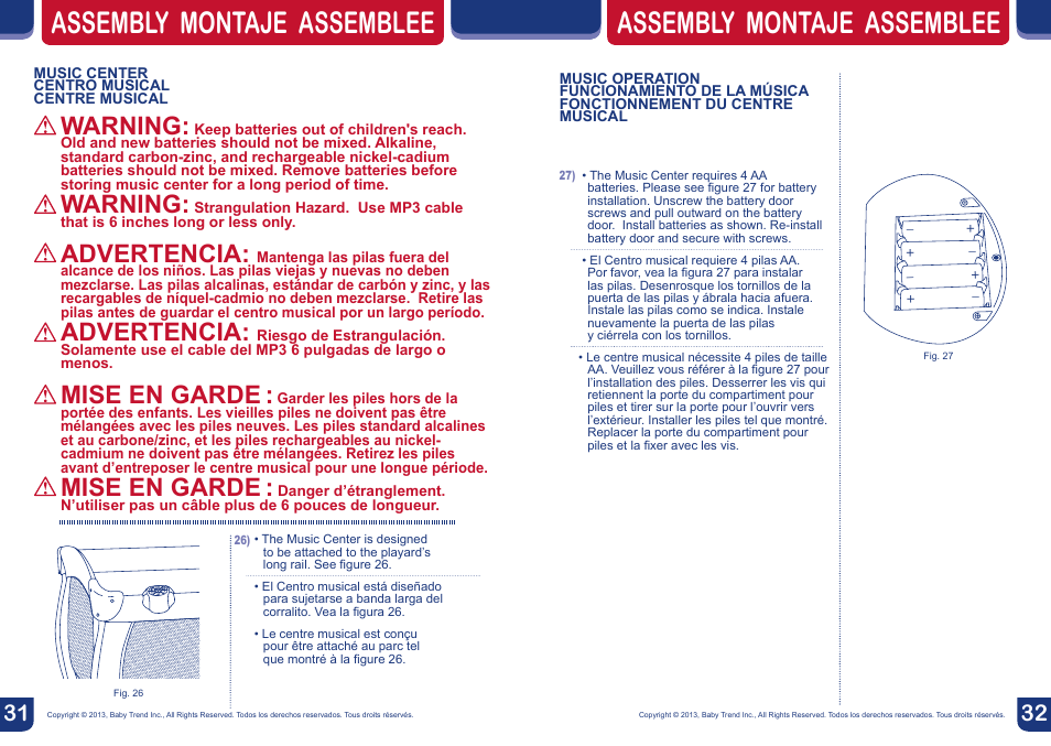 Assembly montaje assemblee, Warning, Advertencia | Mise en garde | BabyTrend PY85749 - SERENE NURSERY CENTER - PAPER ZOO User Manual | Page 17 / 18