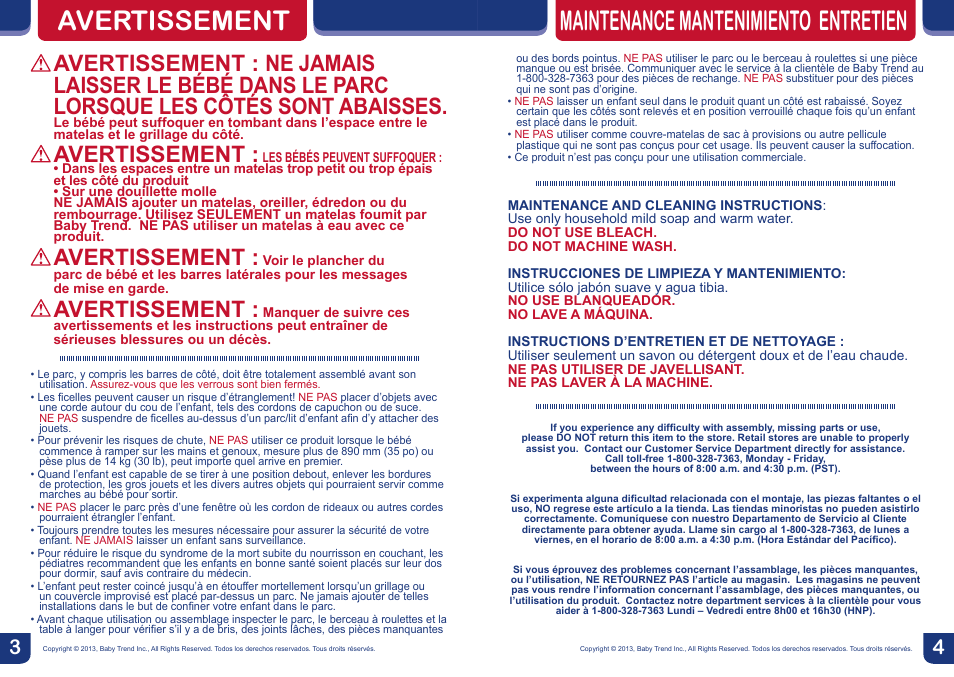 Maintenance mantenimiento entretien avertissement, Avertissement | BabyTrend PY85749 - SERENE NURSERY CENTER - PAPER ZOO User Manual | Page 3 / 18