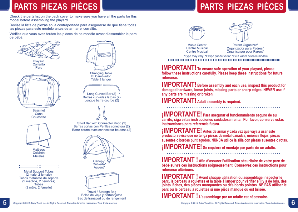 Parts piezas pièces, Important, Importante | BabyTrend PY85749 - SERENE NURSERY CENTER - PAPER ZOO User Manual | Page 4 / 18