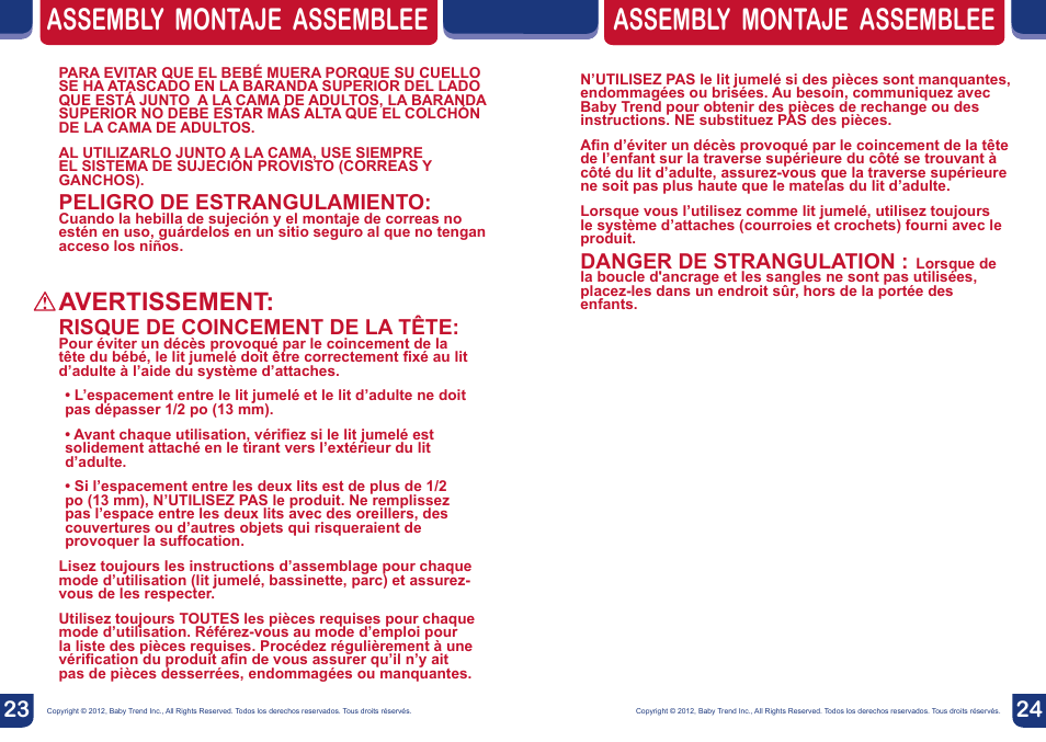 Avertissement, Peligro de estrangulamiento, Risque de coincement de la tête | Danger de strangulation | BabyTrend CA66301 - CLOSE N COZY BASSINET User Manual | Page 13 / 16