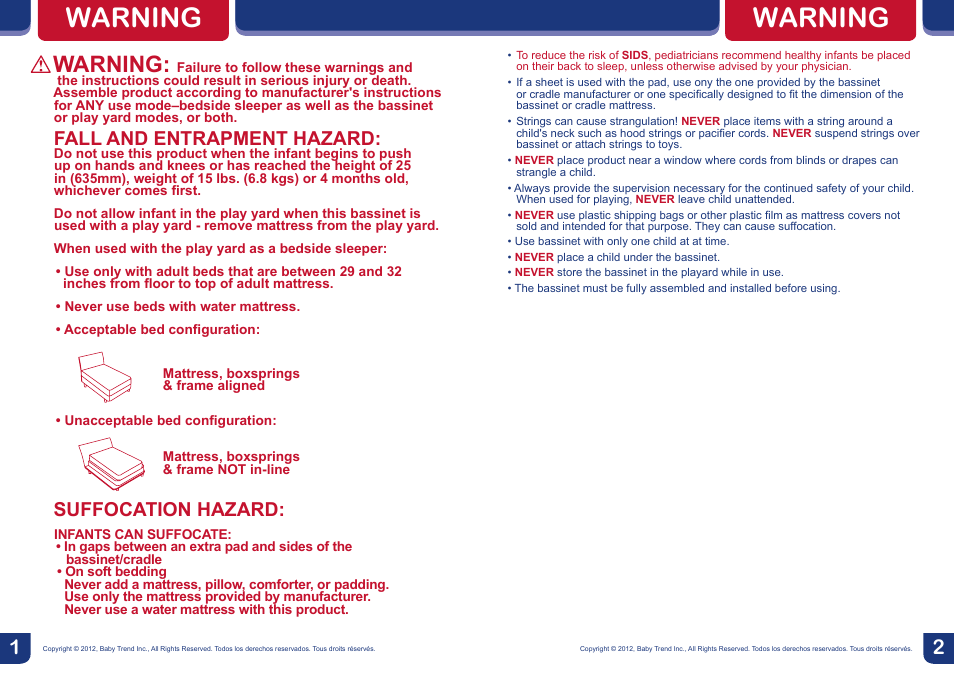 Warning, Fall and entrapment hazard, Suffocation hazard | BabyTrend CA66301 - CLOSE N COZY BASSINET User Manual | Page 2 / 16