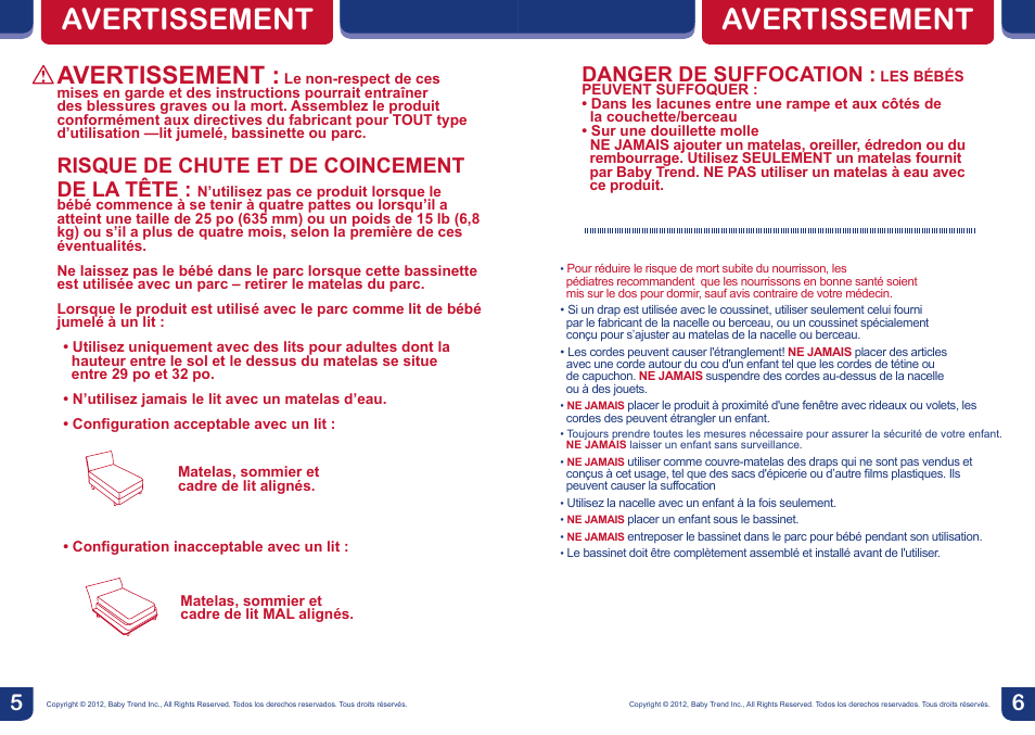 Avertissement, Danger de suffocation, Risque de chute et de coincement de la tête | BabyTrend CA66301 - CLOSE N COZY BASSINET User Manual | Page 4 / 16