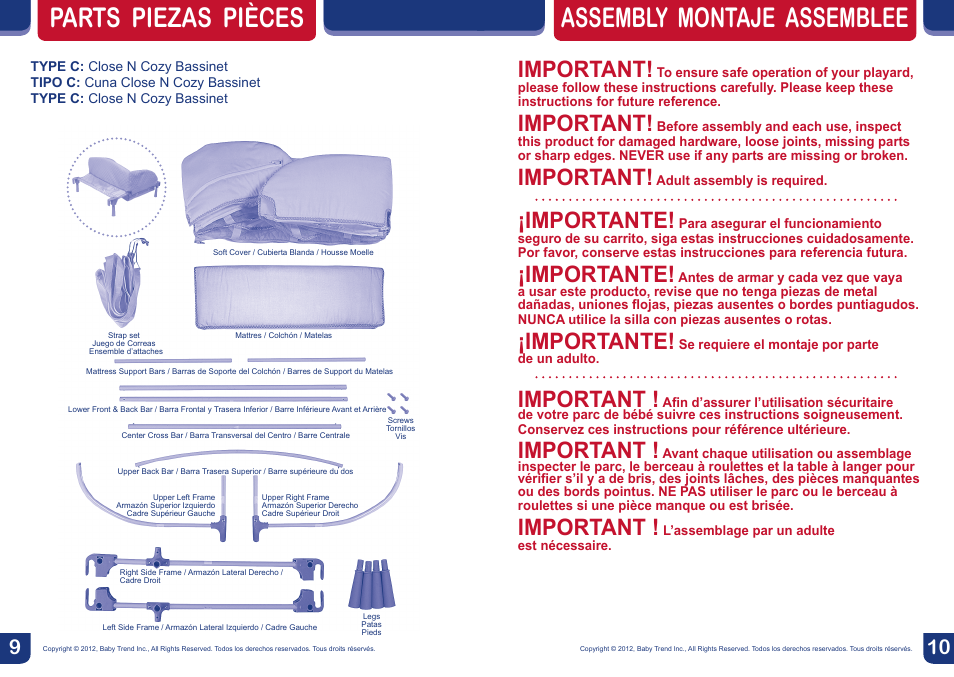 Warning, Parts piezas pièces, Assembly montaje assemblee | Important, Importante | BabyTrend CA66301 - CLOSE N COZY BASSINET User Manual | Page 6 / 16