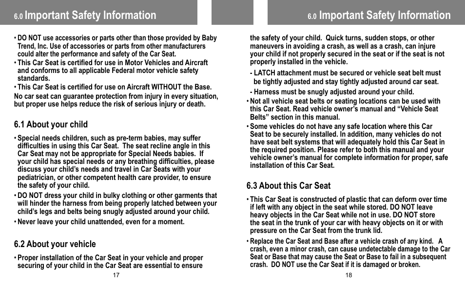 Important safety information | BabyTrend INERTIA INFANT User Manual | Page 10 / 29