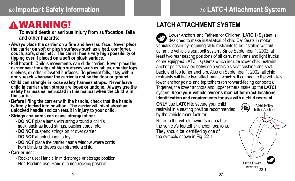 Warning, Important safety information, Latch attachment system | BabyTrend INERTIA INFANT User Manual | Page 12 / 29