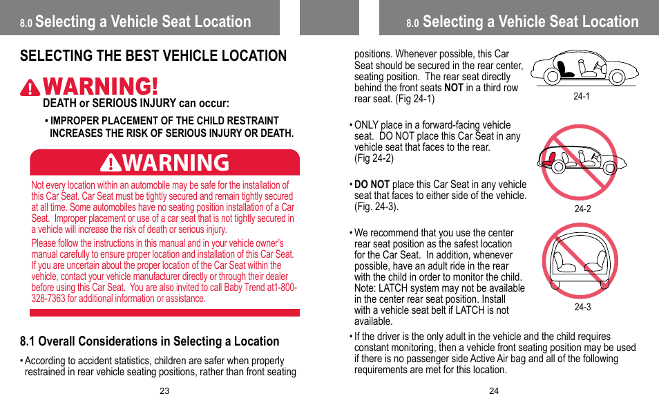 Warning, Selecting a vehicle seat location, Selecting the best vehicle location | BabyTrend INERTIA INFANT User Manual | Page 13 / 29