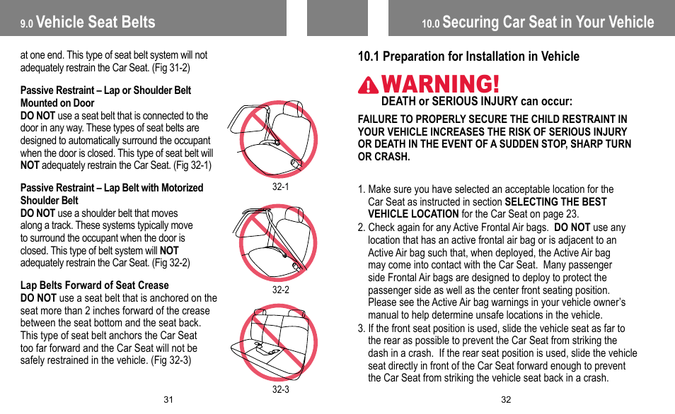 Warning, Securing car seat in your vehicle, Vehicle seat belts | BabyTrend INERTIA INFANT User Manual | Page 17 / 29