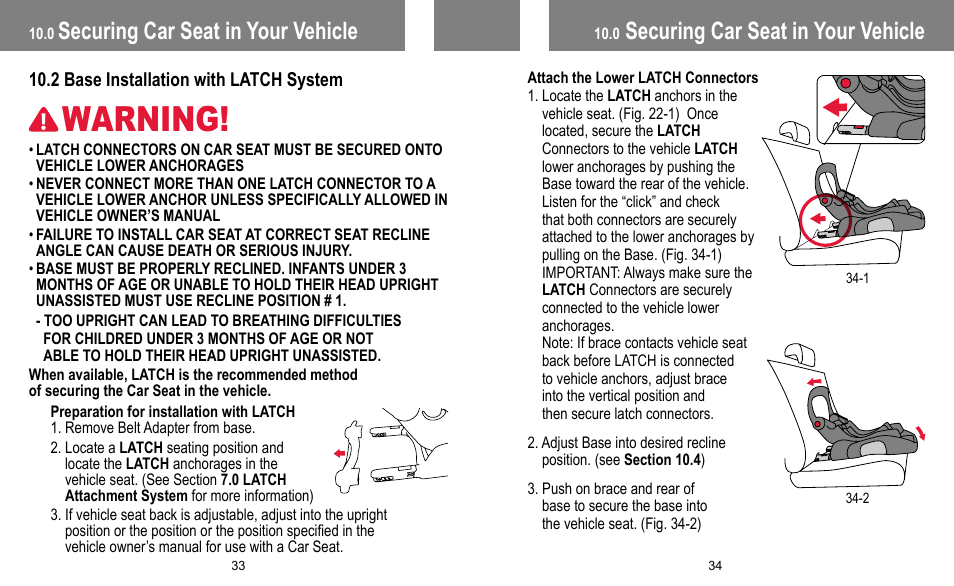 Warning, Securing car seat in your vehicle | BabyTrend INERTIA INFANT User Manual | Page 18 / 29