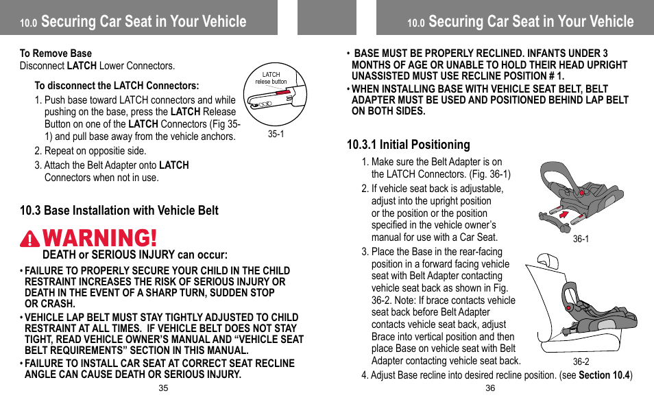 Warning, Securing car seat in your vehicle | BabyTrend INERTIA INFANT User Manual | Page 19 / 29