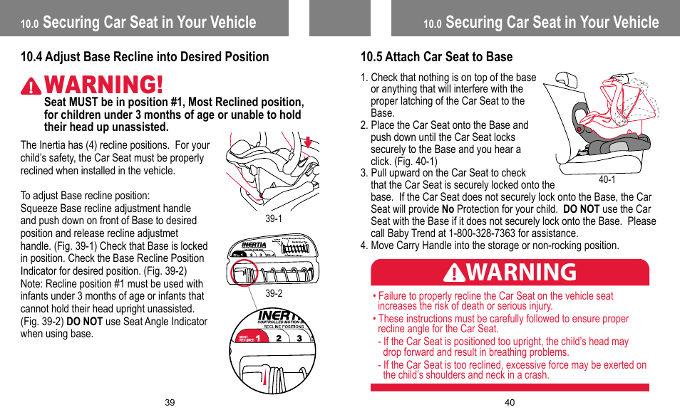 Warning, Securing car seat in your vehicle | BabyTrend INERTIA INFANT User Manual | Page 21 / 29