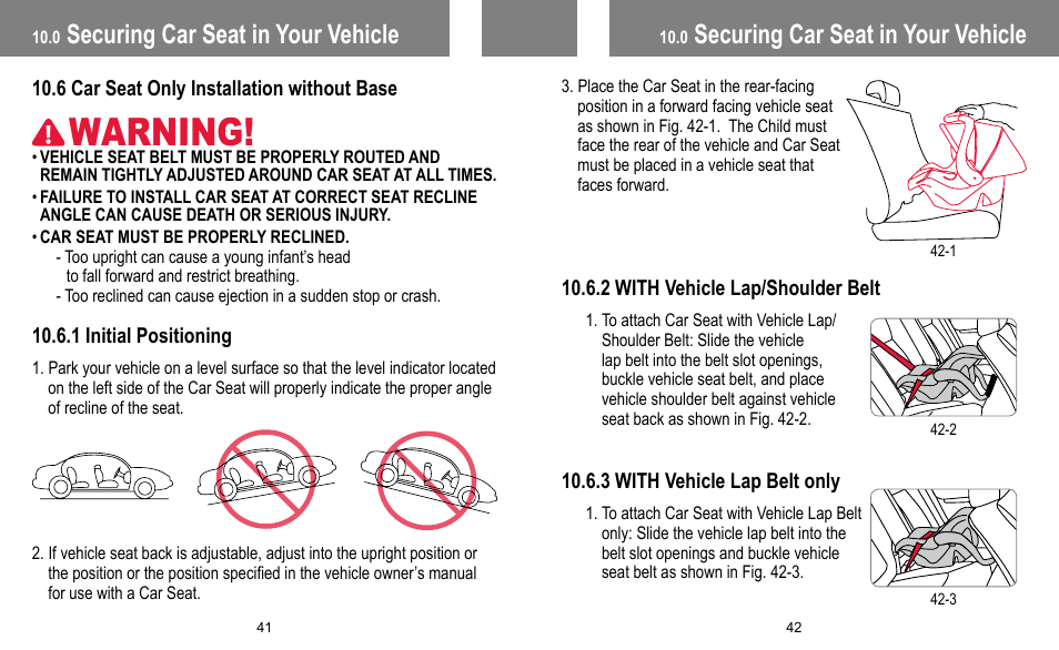Warning, Securing car seat in your vehicle | BabyTrend INERTIA INFANT User Manual | Page 22 / 29