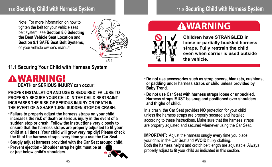 Warning, Securing child with harness system | BabyTrend INERTIA INFANT User Manual | Page 24 / 29