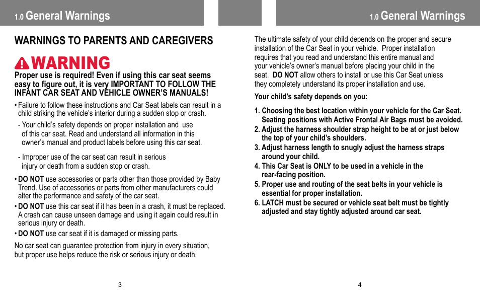 Warning, General warnings, Warnings to parents and caregivers | BabyTrend INERTIA INFANT User Manual | Page 3 / 29