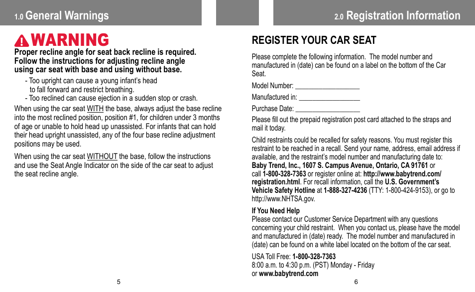 Warning, Registration information, General warnings | Register your car seat | BabyTrend INERTIA INFANT User Manual | Page 4 / 29