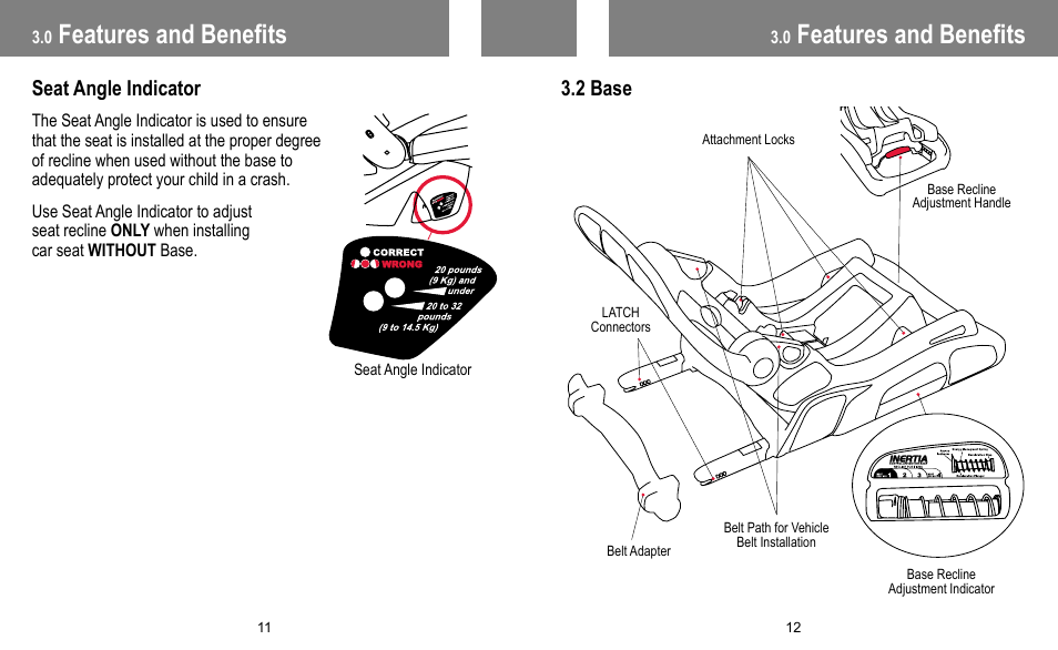 Features and benefits, Seat angle indicator, 2 base | BabyTrend INERTIA INFANT User Manual | Page 7 / 29
