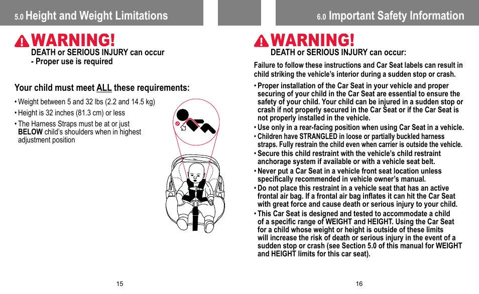 Warning, Height and weight limitations, Important safety information | BabyTrend INERTIA INFANT User Manual | Page 9 / 29