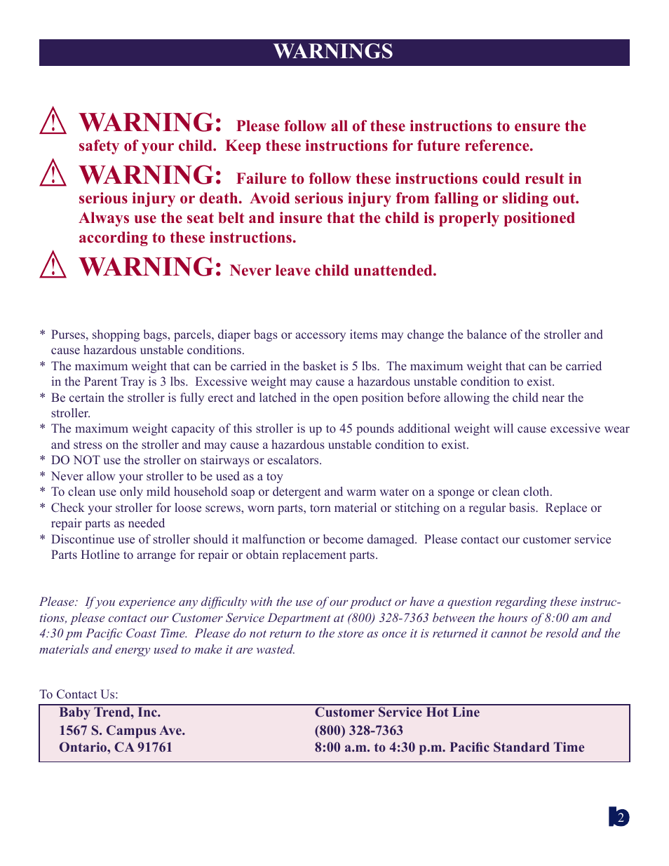 Warning, Warnings | BabyTrend 1866CT - SAFARI BABIES TRAVEL SYSTEM User Manual | Page 2 / 9