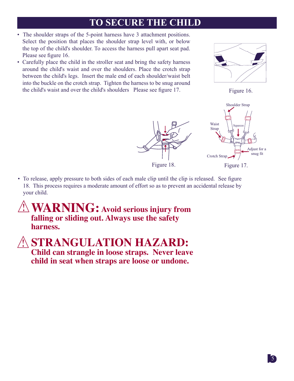 Warning, Strangulation hazard | BabyTrend 1866CT - SAFARI BABIES TRAVEL SYSTEM User Manual | Page 5 / 9