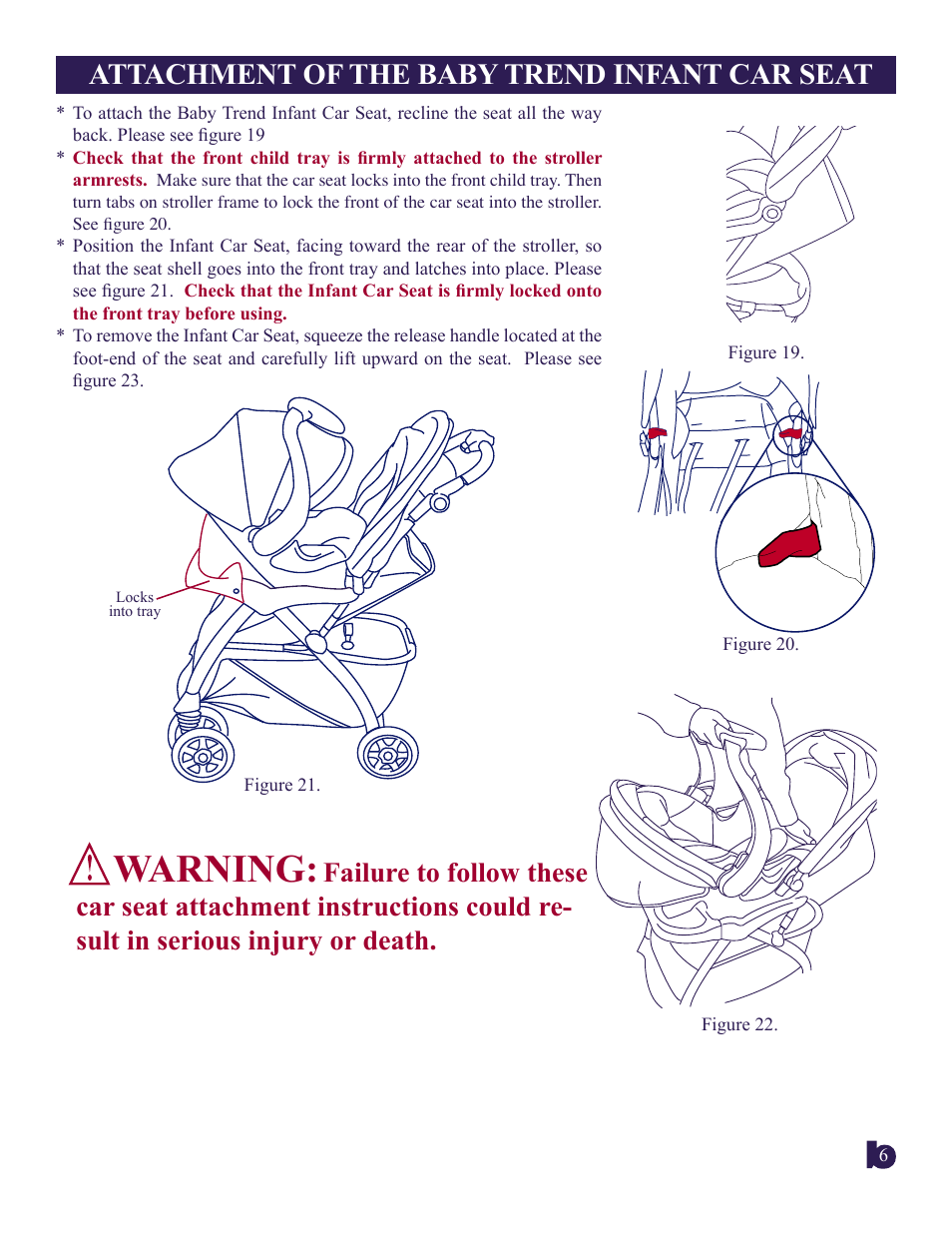 Warning, Attachment of the baby trend infant car seat | BabyTrend 1866CT - SAFARI BABIES TRAVEL SYSTEM User Manual | Page 6 / 9