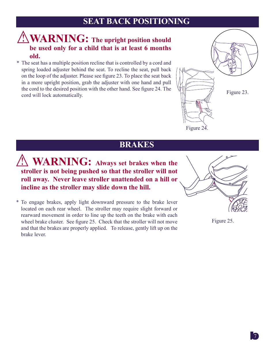 Warning, Seat back positioning, Brakes | BabyTrend 1866CT - SAFARI BABIES TRAVEL SYSTEM User Manual | Page 7 / 9