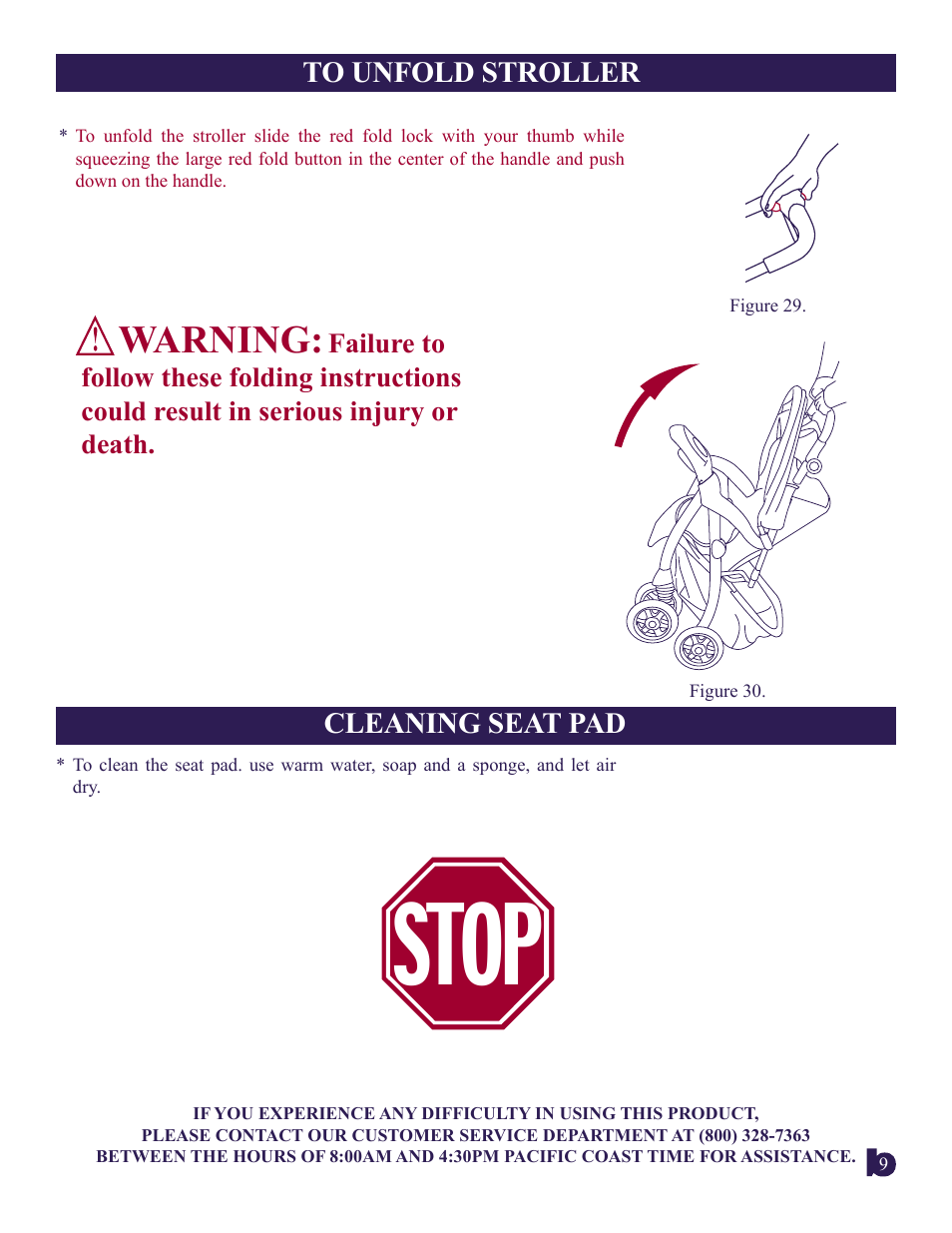 Stop, Warning, Cleaning seat pad | BabyTrend 1866CT - SAFARI BABIES TRAVEL SYSTEM User Manual | Page 9 / 9