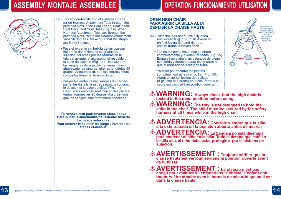 Assembly montaje assemblee, Operation funcionamiento utilisation, Warning | Advertencia, Avertissement | BabyTrend HC82848 - MYLIFT HIGH CHAIR - MOONLIGHT User Manual | Page 8 / 14