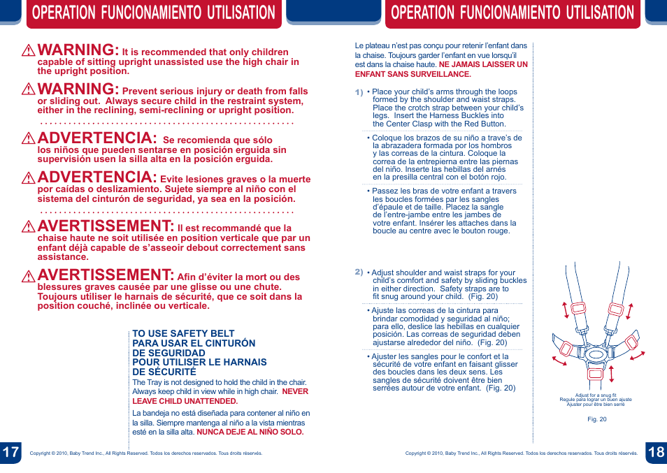 Operation funcionamiento utilisation, Warning, Advertencia | Avertissement | BabyTrend HC01915 - TREND HIGH CHAIR - NORTHRIDGE PLAID User Manual | Page 10 / 14