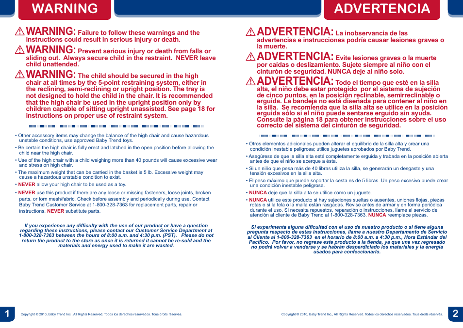 Warning, Advertencia | BabyTrend HC01915 - TREND HIGH CHAIR - NORTHRIDGE PLAID User Manual | Page 2 / 14