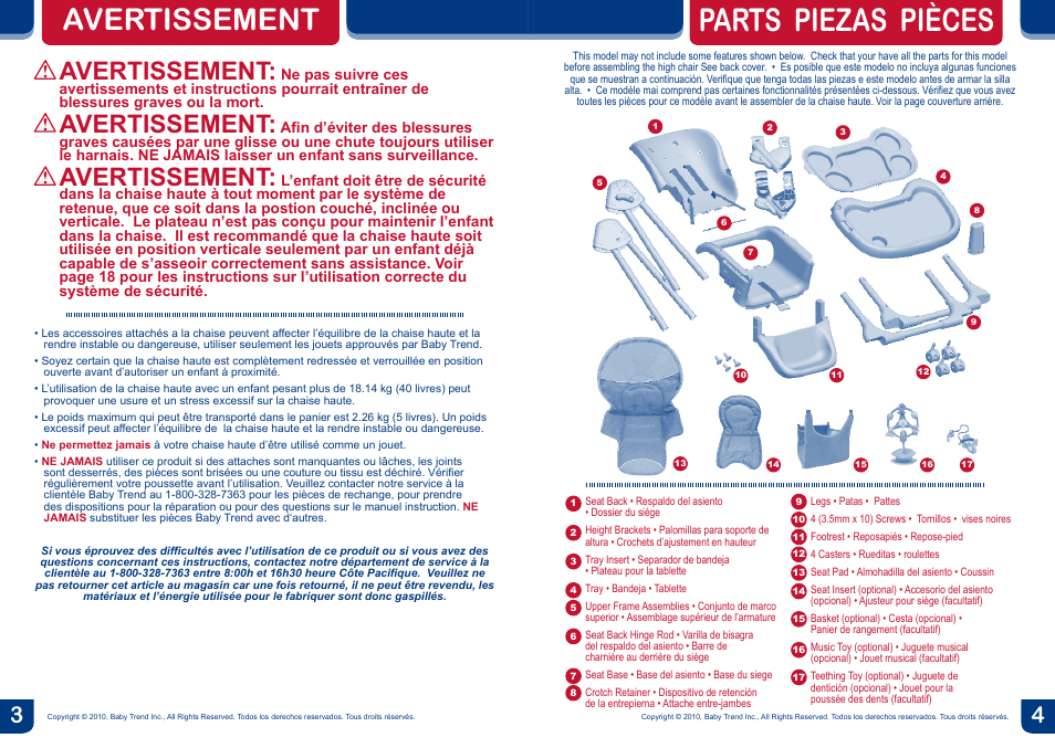 Parts piezas pièces, Avertissement | BabyTrend HC01915 - TREND HIGH CHAIR - NORTHRIDGE PLAID User Manual | Page 3 / 14