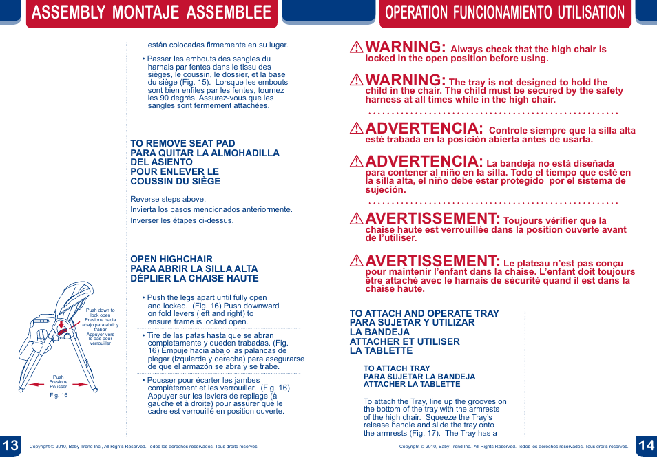 Warning, Advertencia, Avertissement | BabyTrend HC01915 - TREND HIGH CHAIR - NORTHRIDGE PLAID User Manual | Page 8 / 14