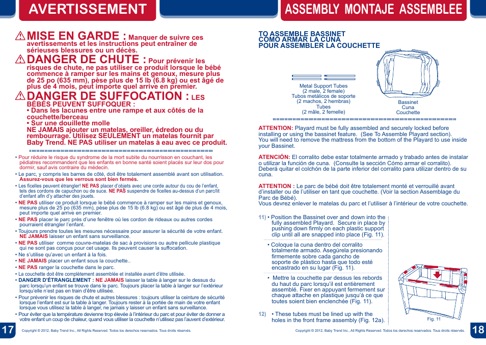 Avertissement, Assembly montaje assemblee, Mise en garde | Danger de chute, Danger de suffocation | BabyTrend PY81900 - NURSERY CENTER - AMAZON User Manual | Page 10 / 16