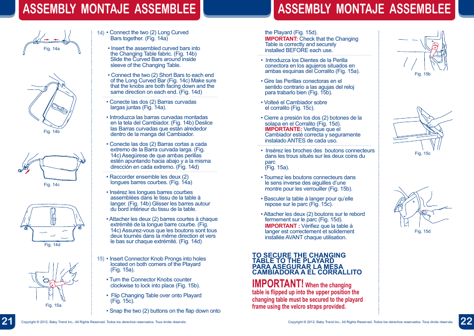 Assembly montaje assemblee, Important | BabyTrend PY81900 - NURSERY CENTER - AMAZON User Manual | Page 12 / 16