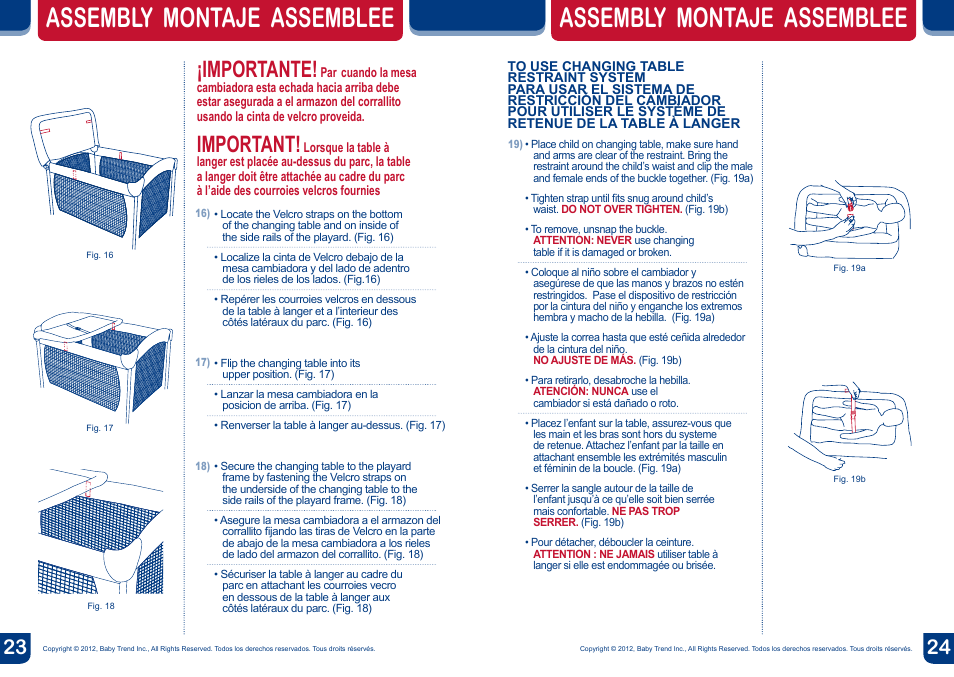 Assembly montaje assemblee, Importante, Important | BabyTrend PY81900 - NURSERY CENTER - AMAZON User Manual | Page 13 / 16