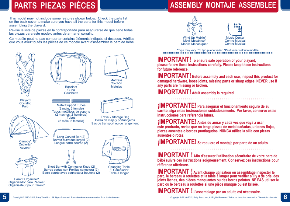 Parts piezas pièces, Assembly montaje assemblee, Important | Importante | BabyTrend PY87983 - DELUXE NURSERY CENTER - ALL STAR User Manual | Page 4 / 20