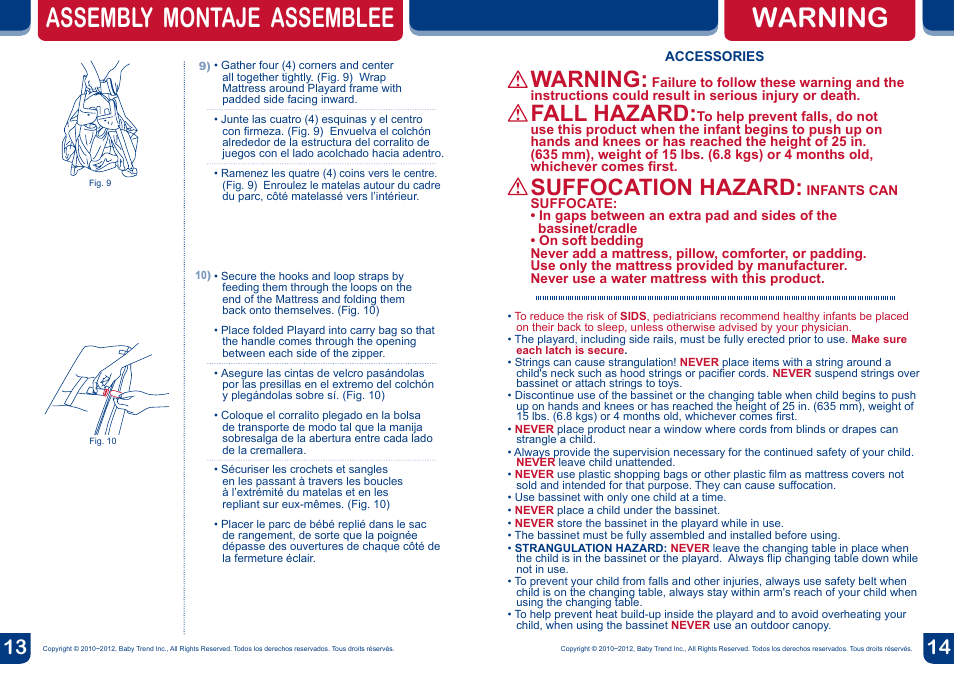 Assembly montaje assemblee, Warning, Fall hazard | Suffocation hazard | BabyTrend PY87983 - DELUXE NURSERY CENTER - ALL STAR User Manual | Page 8 / 20