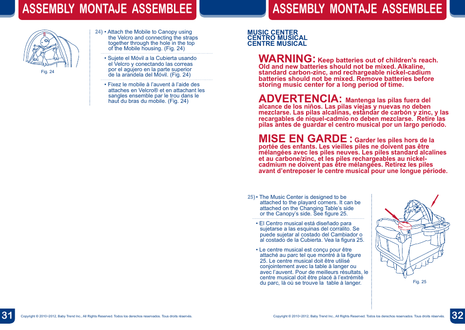 Assembly montaje assemblee, Warning, Advertencia | Mise en garde | BabyTrend PY87916 - DELUXE NURSERY CENTER - ZULU User Manual | Page 17 / 20